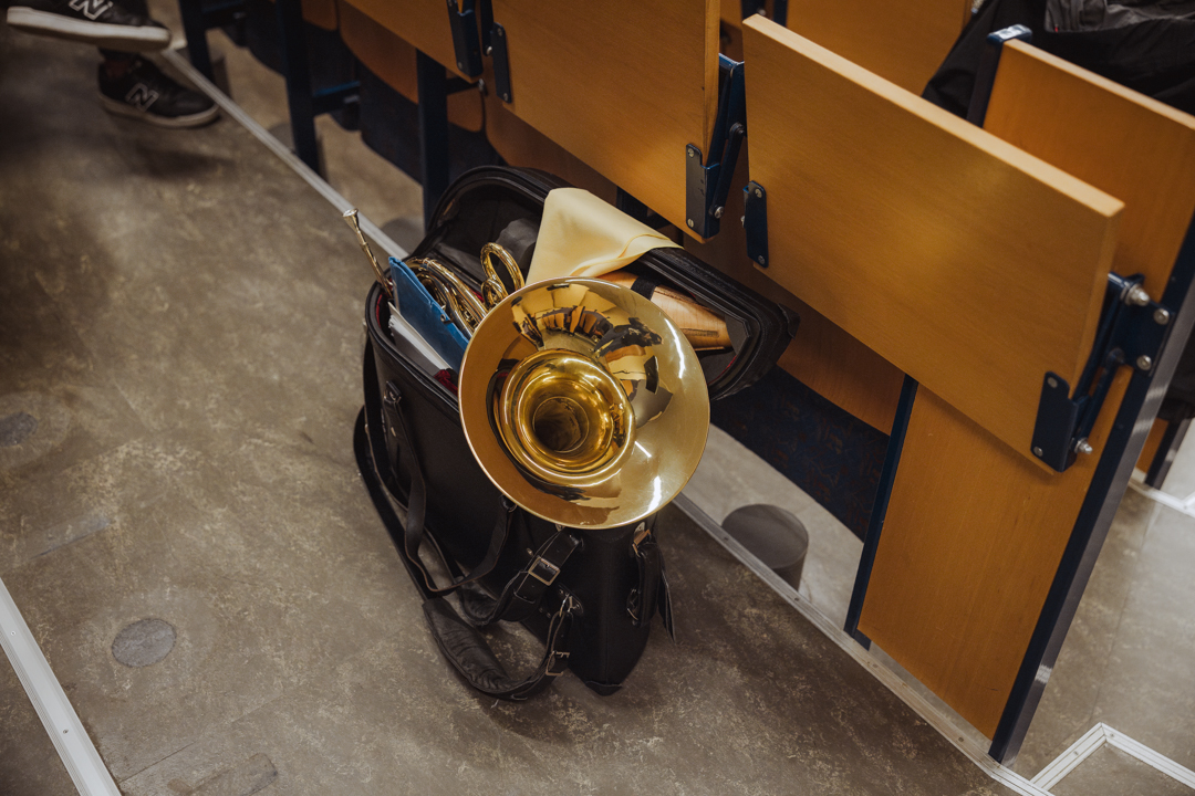 A horn in a bag in a room