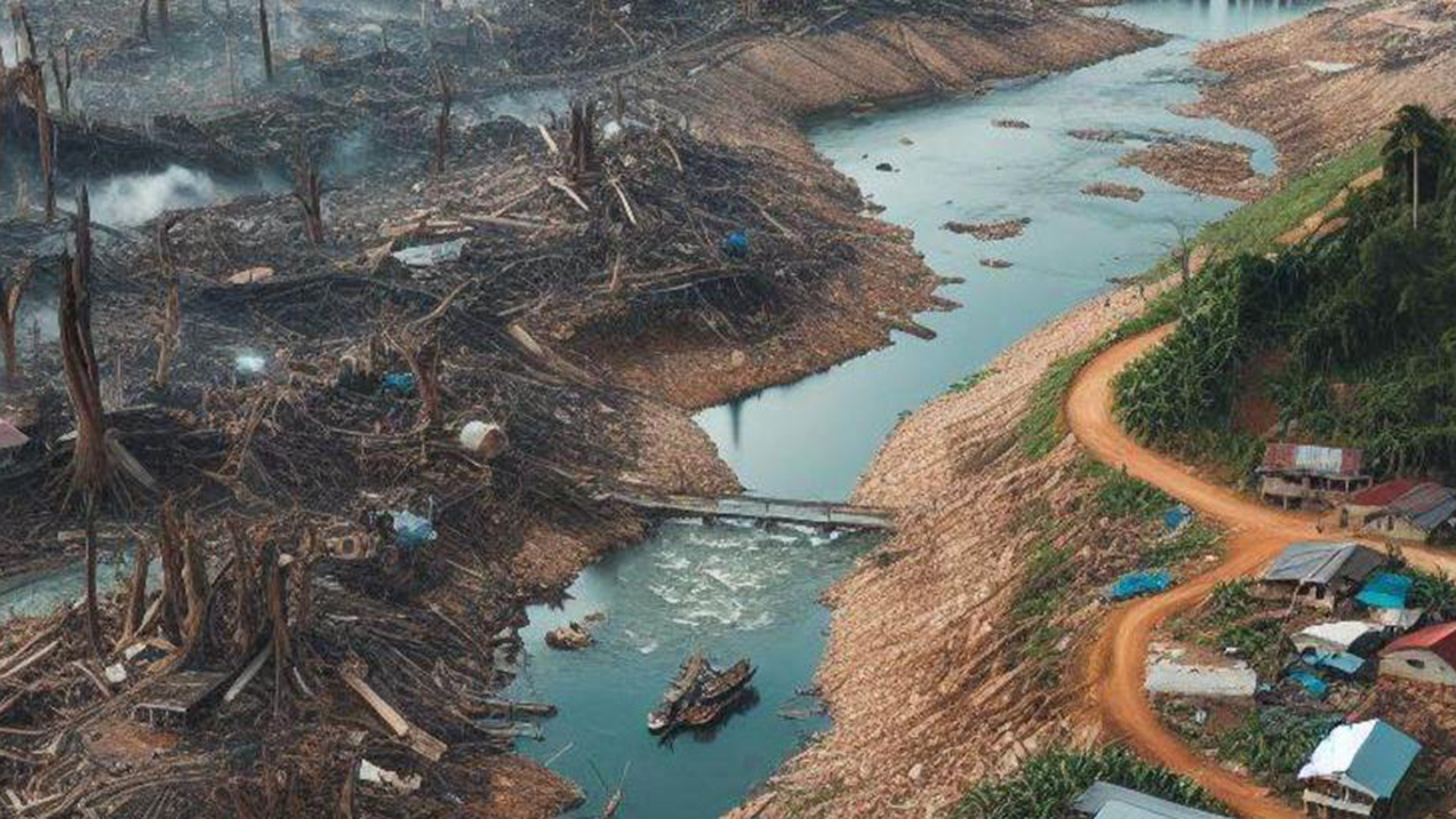 Image of a river dividing a land where one side is devasted